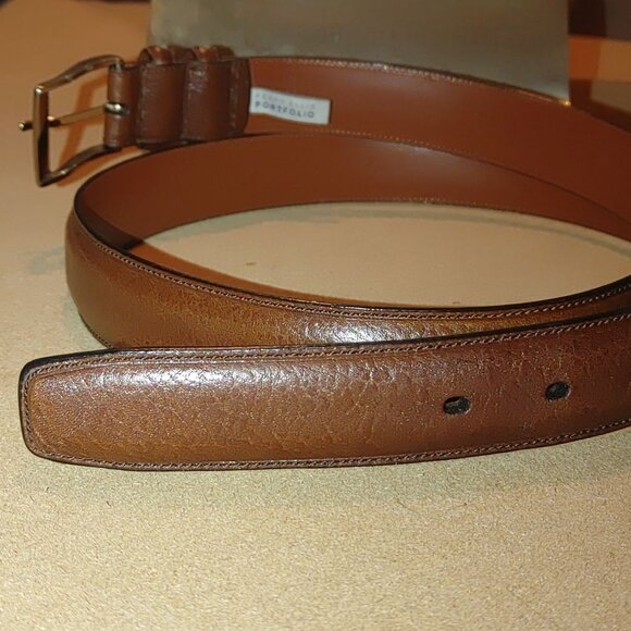 Leather Belt Size 42 Perry Ellis Brown Portfolio Grain Cowhide 1.5 Silver Buck - Picture 4 of 10